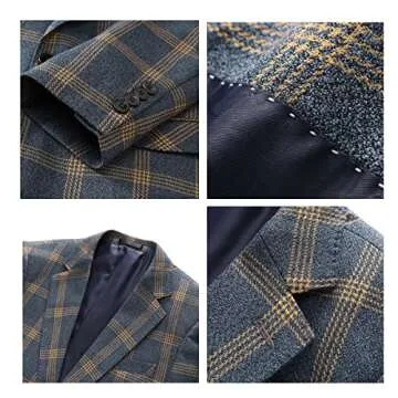 Mens Casual Plaid Blazer Jacket Slim Fit Sports Coat One Button Tuxedo Jacket for Men Yellow Blue