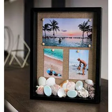 CAVEPOP 11x14” Black Wood Display Shadow Box Frame with Natural Linen Background - Includes 6 Wood Pins and Hanging Hardware - Display Photos and Mementos…