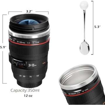 Yepteeps Coffee Mug, Camera Lens Travel Thermos, Stainless Steel Insulated Cup with Easy Clean Lid, Great for Photography Lovers & Travelers - 12oz Black