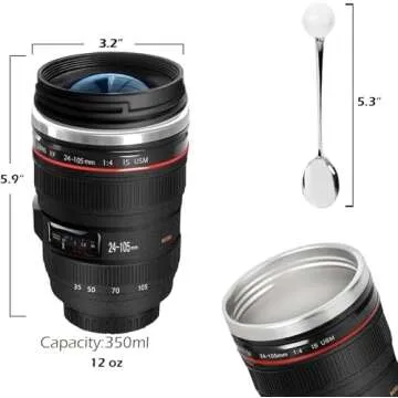 Yepteeps Coffee Mug, Camera Lens Travel Thermos, Stainless Steel Insulated Cup with Easy Clean Lid, Great for Photography Lovers & Travelers - 12oz Black