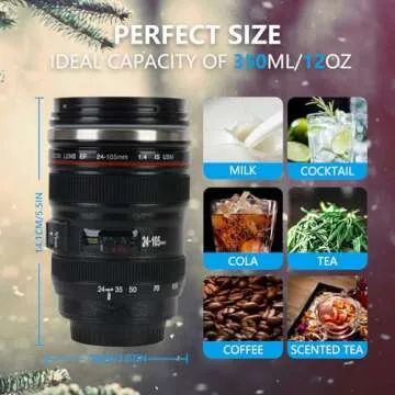 Yepteeps Coffee Mug, Camera Lens Travel Thermos, Stainless Steel Insulated Cup with Easy Clean Lid, Great for Photography Lovers & Travelers - 12oz Black