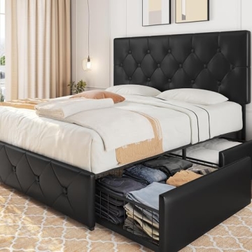 Sleek Yaheetech Queen Upholstered Bed Frame with Storage