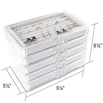 Frebeauty Extra Large Acrylic Jewelry Box for Women 5 Layers Clear Jewelry Organizer Velvet Earring Box with 5 Drawers Rings Display Case Necklaces Holder Tray for Women Girls (White)