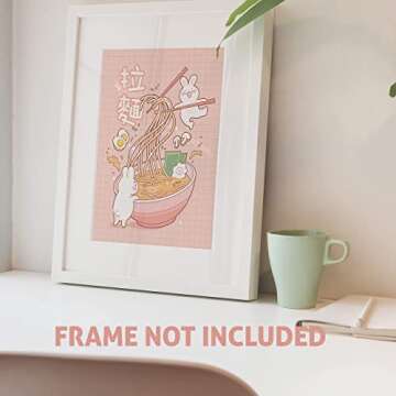 Kawaii Ramen Bunnies Wall Art Print - Japanese Anime Aesthetic Poster - Teen Gamer Girls Room Bedroom Decor - 8x10 - Unframed Y