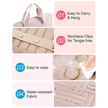 BAGSMART Travel Jewelry Organizer Case,Hanging Roll Jewelry Bag for Travel with Pockets,Large Capacity Jewelry Roll Bag for Rings,Necklaces,Earrings,Bracelets,Bracelets,Portable Travel Essentials,Pink