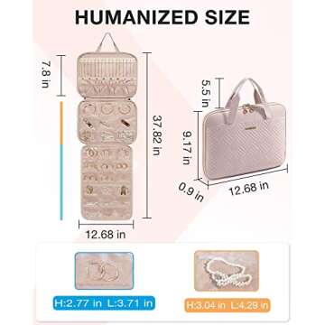 BAGSMART Travel Jewelry Organizer Case,Hanging Roll Jewelry Bag for Travel with Pockets,Large Capacity Jewelry Roll Bag for Rings,Necklaces,Earrings,Bracelets,Bracelets,Portable Travel Essentials,Pink