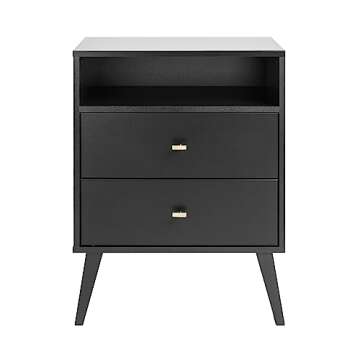 Prepac Milo Mid-Century Modern 2 Drawer Nightstand with Open Shelf, Bedside Table, Contemporary Bedroom Furniture, 16"D x 22.5"W x 29.5"H, Black