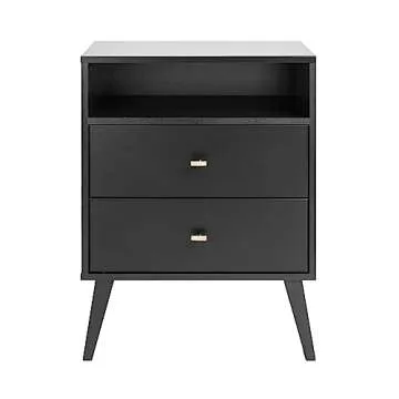 Prepac Milo Mid-Century Modern 2 Drawer Nightstand with Open Shelf, Bedside Table, Contemporary Bedroom Furniture, 16"D x 22.5"W x 29.5"H, Black