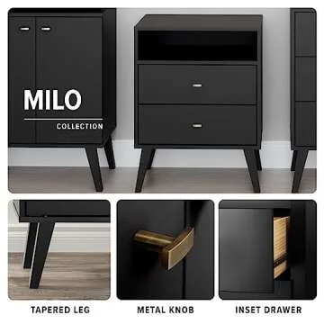 Prepac Milo Mid-Century Modern 2 Drawer Nightstand with Open Shelf, Bedside Table, Contemporary Bedroom Furniture, 16"D x 22.5"W x 29.5"H, Black
