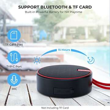 comiso IPX7 Waterproof Bluetooth Speaker, Wireless Shower Speakers with HD Sound, Small Outdoor Portable Speaker Support TF Card for Boating, Pool, Hiking, Camping, Gifts for Men & Women - Black/Red