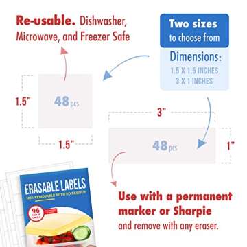 MESS Erasable Labels for Kitchens (96-Pack) Kitchen and Pantry Labels That Erase! - Freezer and Fridge White Dry Erase Labels - Labels for Jars - Food Labels for Containers