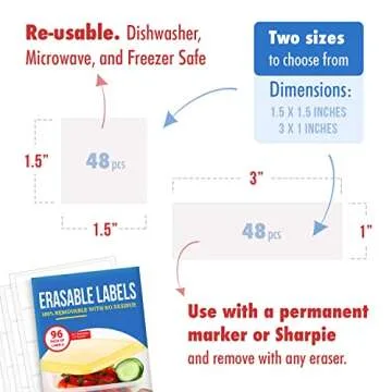 MESS Erasable Labels for Kitchens (96-Pack) Kitchen and Pantry Labels That Erase! - Freezer and Fridge White Dry Erase Labels - Labels for Jars - Food Labels for Containers