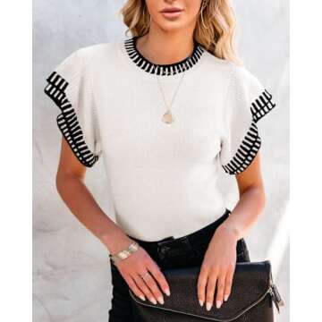 Saodimallsu Women’s Summer Flutter Sleeve Tops Short Sleeve Sweaters Striped Crewneck Soft Lightwe...