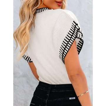 Saodimallsu Women’s Summer Flutter Sleeve Tops Short Sleeve Sweaters Striped Crewneck Soft Lightweight Loose Knit Shirts White