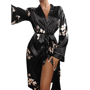 WDIRARA Women's Floral Print Long Sleeve Satin Long Robe for Bridesmaid Weddings in Black