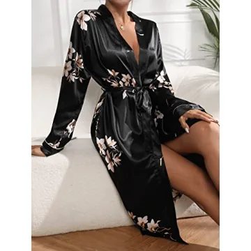 Elegant Floral Satin Long Robe for Weddings and Parties