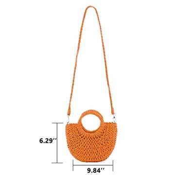 QTKJ Mini Semi-circle Rattan Straw Handbag, Women's Summer Retro Straw Tote Shoulder Crossbody Round Handle Beach Bag (Orange)