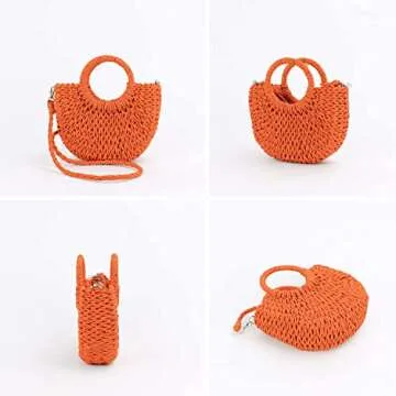 QTKJ Mini Semi-circle Rattan Straw Handbag, Women's Summer Retro Straw Tote Shoulder Crossbody Round Handle Beach Bag (Orange)
