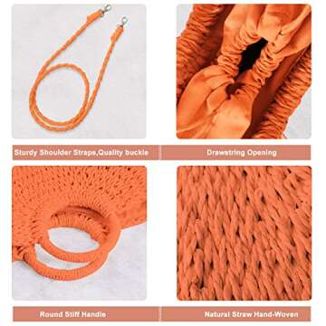 QTKJ Mini Semi-circle Rattan Straw Handbag, Women's Summer Retro Straw Tote Shoulder Crossbody Round Handle Beach Bag (Orange)