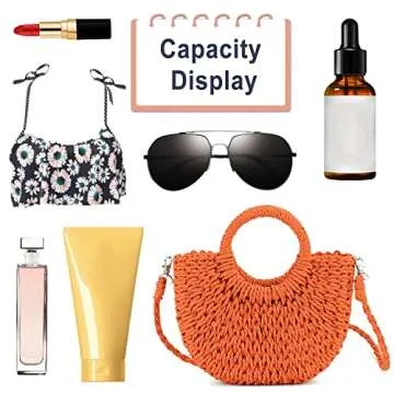 QTKJ Mini Semi-circle Rattan Straw Handbag, Women's Summer Retro Straw Tote Shoulder Crossbody Round Handle Beach Bag (Orange)