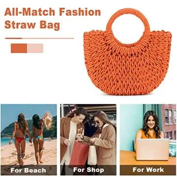 QTKJ Mini Semi-circle Rattan Straw Handbag, Women's Summer Retro Straw Tote Shoulder Crossbody Round Handle Beach Bag (Orange)