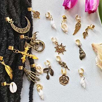 19 PCS Braids and Dreadlock Accessories: Adjustable Hair Cuffs, Sun Moon Pterosaur Wing Shells, Rose...