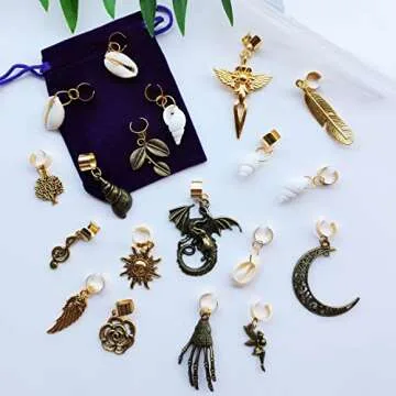 19 PCS Braids and Dreadlock Accessories: Adjustable Hair Cuffs, Sun Moon Pterosaur Wing Shells, Rose Leaf Pendants, DIY Locs Charms and Clips (Gold)