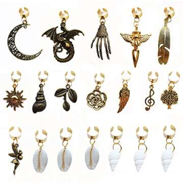19 PCS Braids and Dreadlock Accessories: Adjustable Hair Cuffs, Sun Moon Pterosaur Wing Shells, Rose Leaf Pendants, DIY Locs Charms and Clips (Gold)