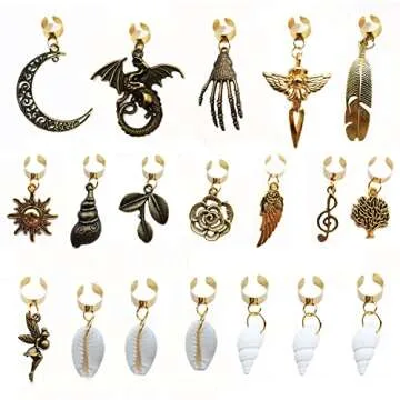 19 PCS Braids and Dreadlock Accessories: Adjustable Hair Cuffs, Sun Moon Pterosaur Wing Shells, Rose Leaf Pendants, DIY Locs Charms and Clips (Gold)