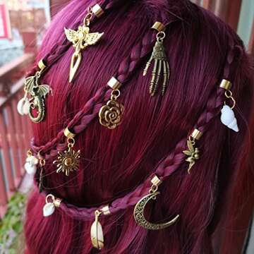 19 PCS Braids and Dreadlock Accessories: Adjustable Hair Cuffs, Sun Moon Pterosaur Wing Shells, Rose Leaf Pendants, DIY Locs Charms and Clips (Gold)