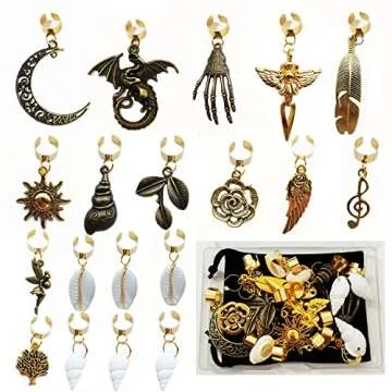 19 PCS Braids and Dreadlock Accessories: Adjustable Hair Cuffs, Sun Moon Pterosaur Wing Shells, Rose Leaf Pendants, DIY Locs Charms and Clips (Gold)