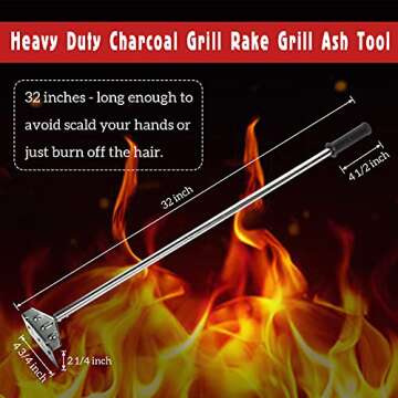Mydracas Heavy Duty Charcoal Grill Rake Grill Ash Tool Accessories with Rubber Handle, Charcoal Kettle Grill Pizza Oven Ash Rake -32 inch