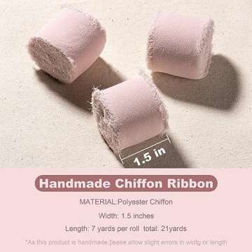 Chiffon Ribbon, 3 Rolls 21 Yards Light Pink Handmade Fringe Chiffon Silk Ribbon 1.5" x 7Yd Ribbons S...