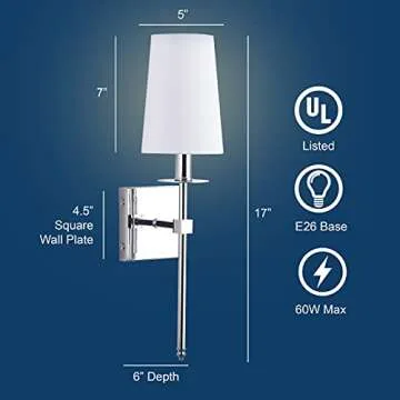 Linea di Liara Torcia Chrome Wall Sconce Wall Lighting with White Fabric Shade Modern Bathroom Wall Sconces Bedroom Wall Lamp and Hallway Wall Light Fixtures Indoor Wall Sconce, UL Listed