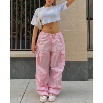 Neyaolk Parachute Pants for Women, Cargo Pants Women Baggy, Drawstring Low Waist Baggy Jogger Relaxed Y2K Pants Pink M