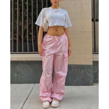 Neyaolk Parachute Pants for Women, Cargo Pants Women Baggy, Drawstring Low Waist Baggy Jogger Relaxed Y2K Pants Pink M