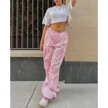Neyaolk Parachute Pants for Women, Cargo Pants Women Baggy, Drawstring Low Waist Baggy Jogger Relaxed Y2K Pants Pink M