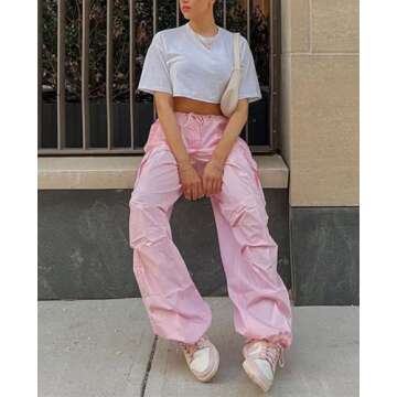 Neyaolk Parachute Pants for Women, Cargo Pants Women Baggy, Drawstring Low Waist Baggy Jogger Relaxed Y2K Pants Pink M