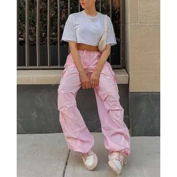 Neyaolk Parachute Pants for Women, Cargo Pants Women Baggy, Drawstring Low Waist Baggy Jogger Relaxed Y2K Pants Pink M
