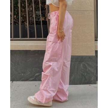 Neyaolk Parachute Pants for Women, Cargo Pants Women Baggy, Drawstring Low Waist Baggy Jogger Relaxed Y2K Pants Pink M
