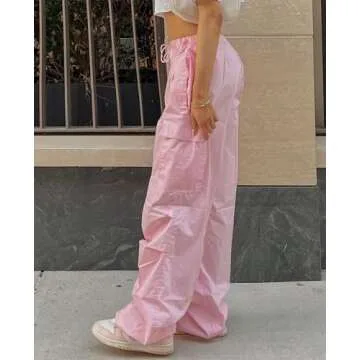 Neyaolk Parachute Pants for Women, Cargo Pants Women Baggy, Drawstring Low Waist Baggy Jogger Relaxed Y2K Pants Pink M