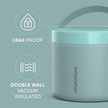 Hydrapeak 18oz Stainless Steel Vacuum Insulated Thermos Food Jar | Thermos for Hot Food and Cold Food, Wide Mouth Leak-Proof Soup Thermos for Adults, 10 Hours Hot and 16 Hours Cold (Aqua)