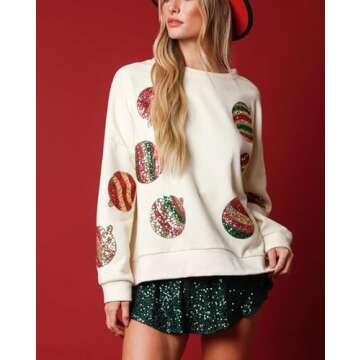 Creaion Women Sequin Christmas Balloon Sweater Oversized Long Sleeve Sweatshirt Side Slit Sparkly Glitter Shirts Jumper Tops