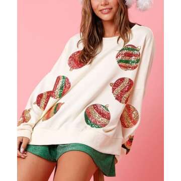 Creaion Women Sequin Christmas Balloon Sweater Oversized Long Sleeve Sweatshirt Side Slit Sparkly Glitter Shirts Jumper Tops