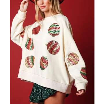 Creaion Women Sequin Christmas Balloon Sweater Oversized Long Sleeve Sweatshirt Side Slit Sparkly Glitter Shirts Jumper Tops
