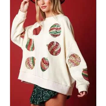 Creaion Women Sequin Christmas Balloon Sweater Oversized Long Sleeve Sweatshirt Side Slit Sparkly Glitter Shirts Jumper Tops