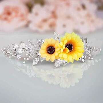 BAROGIRL Wedding Hair Vine Accessory Sunflower Bride Headpiece Gold Flower Headband for Women and Girls (Silver)