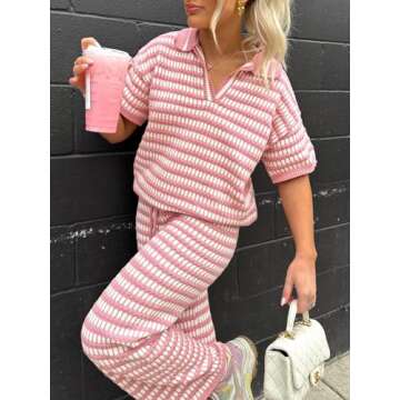 Imily Bela Womens 2 Piece Outfits Striped Short Sleeve Sweater Tops Knit Sets Wide Leg Pants Lounge Set