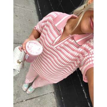Imily Bela Womens 2 Piece Outfits Striped Short Sleeve Sweater Tops Knit Sets Wide Leg Pants Lounge Set