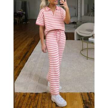 Imily Bela Womens 2 Piece Outfits Striped Short Sleeve Sweater Tops Knit Sets Wide Leg Pants Lounge Set